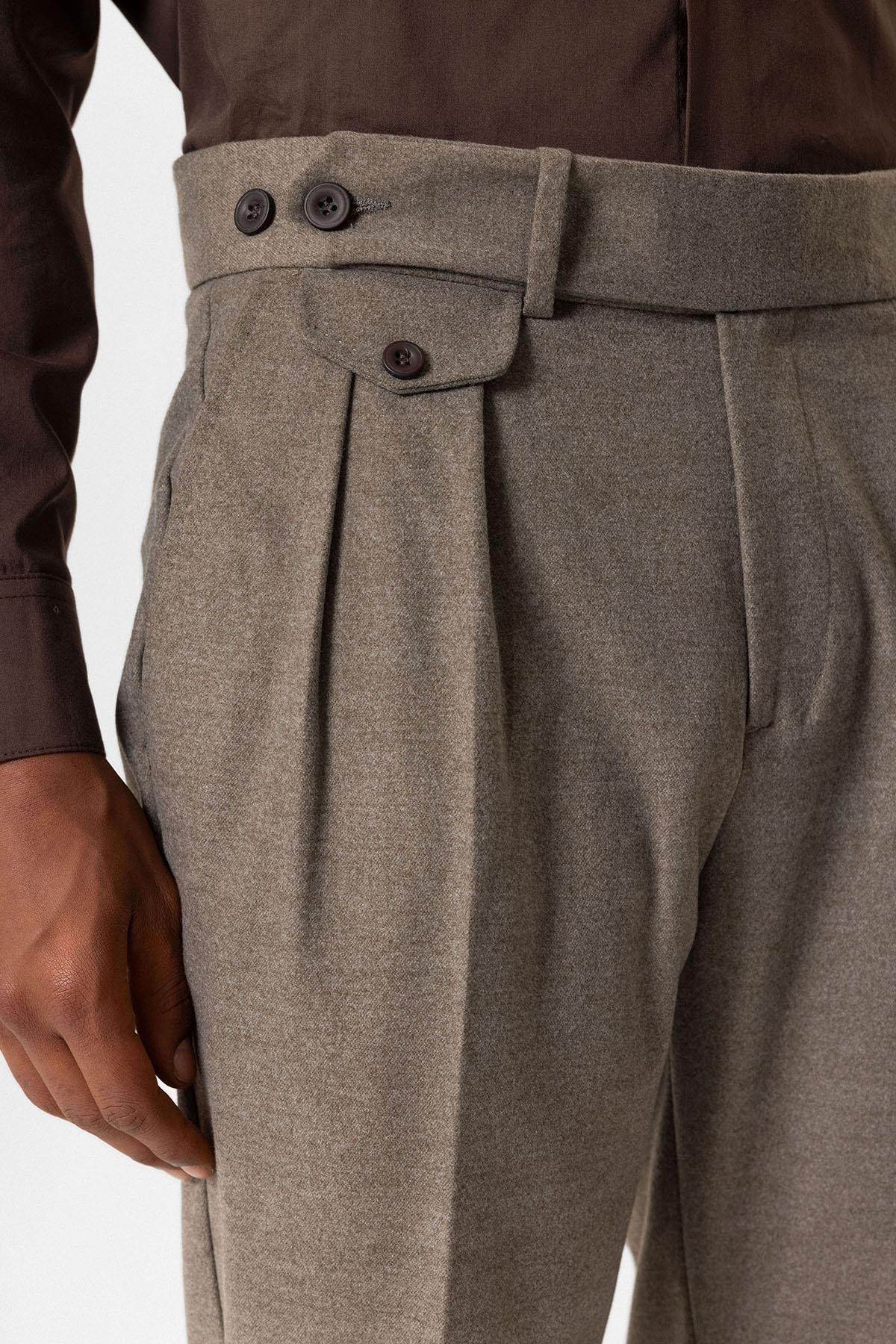 Light Brown High-Waisted Pleated Technical Men's Trousers