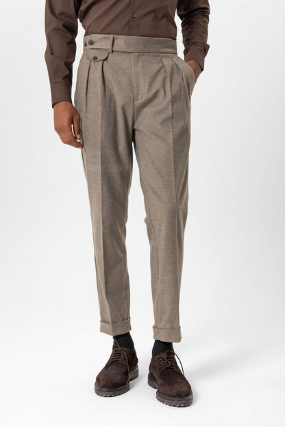 Light Brown High-Waisted Pleated Technical Men's Trousers