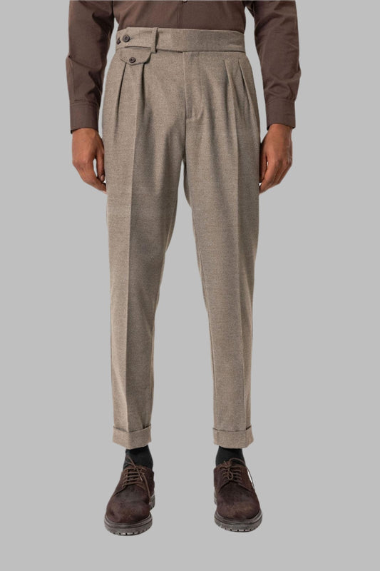 Light Brown High-Waisted Pleated Technical Men's Trousers