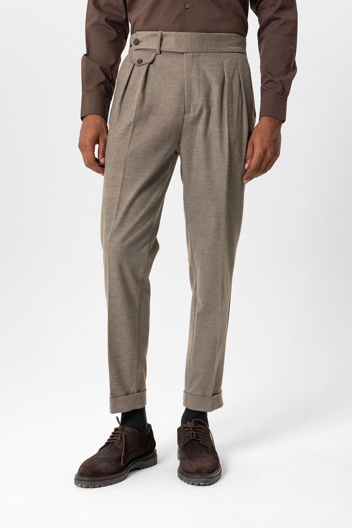 Light Brown High-Waisted Pleated Technical Men's Trousers