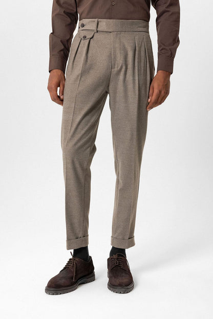 Light Brown High-Waisted Pleated Technical Men's Trousers