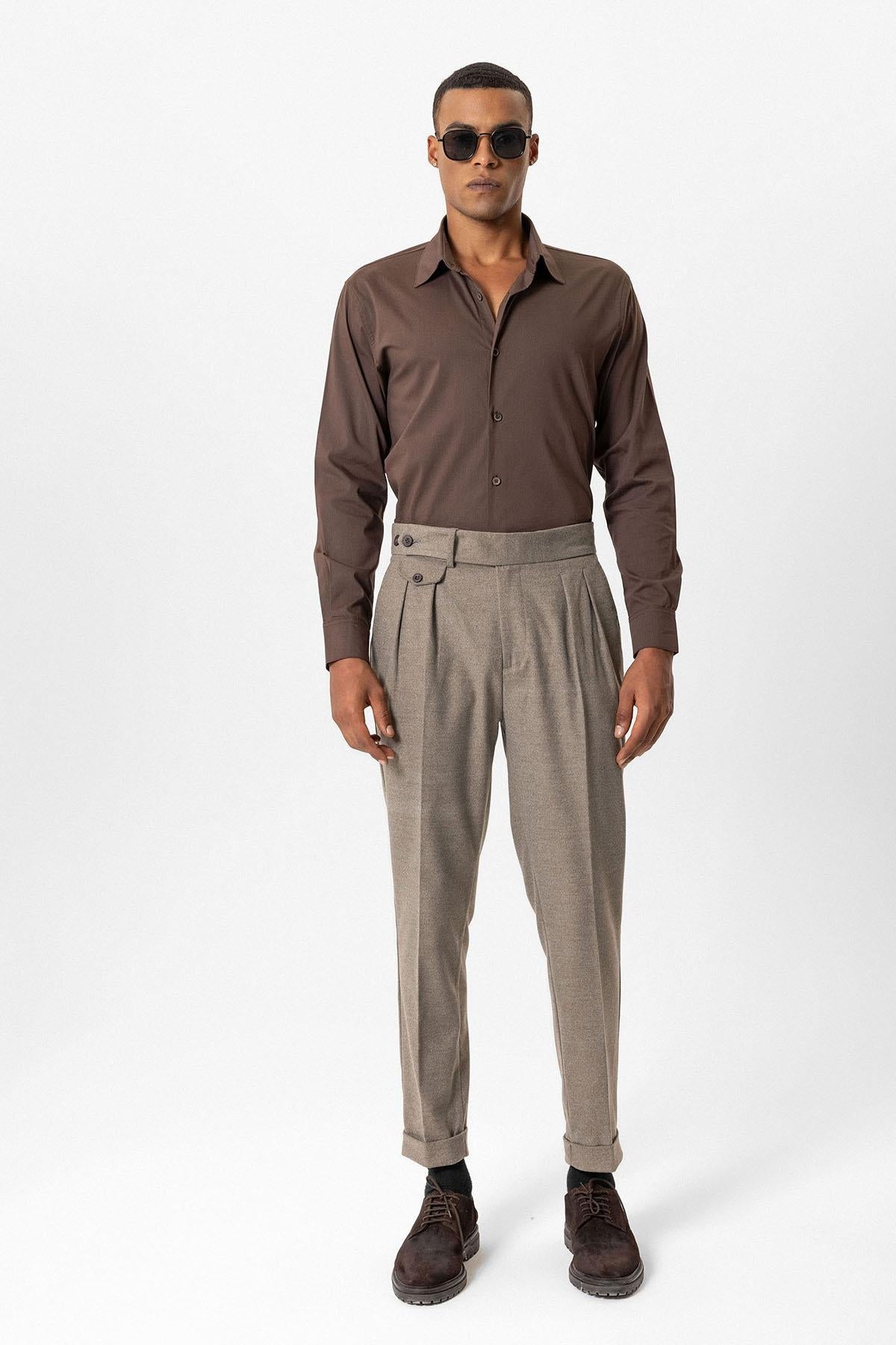 Light Brown High-Waisted Pleated Technical Men's Trousers