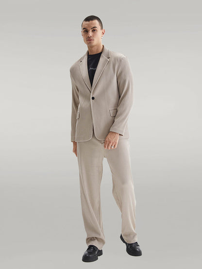 Men's Beige Ribbed Textured Oversize Suit - Wessi