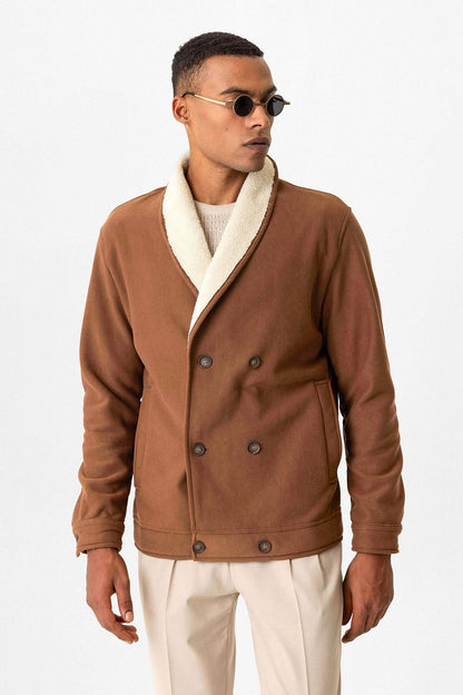 Tan Contrast Collar Men's Jacket with Lining Detail