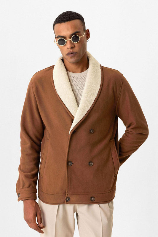 Tan Contrast Collar Men's Jacket with Lining Detail