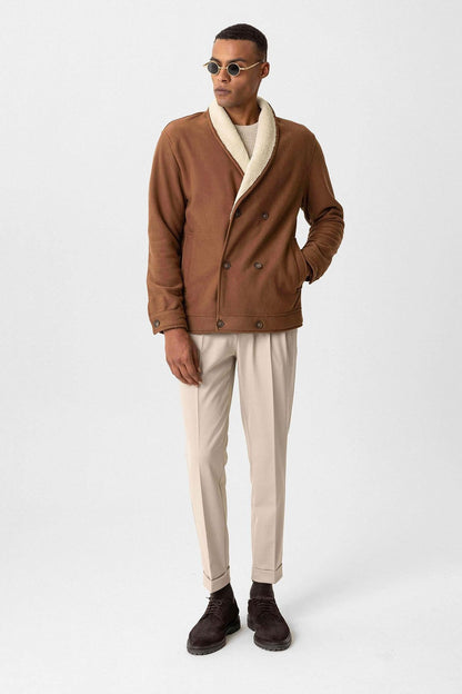 Tan Contrast Collar Men's Jacket with Lining Detail