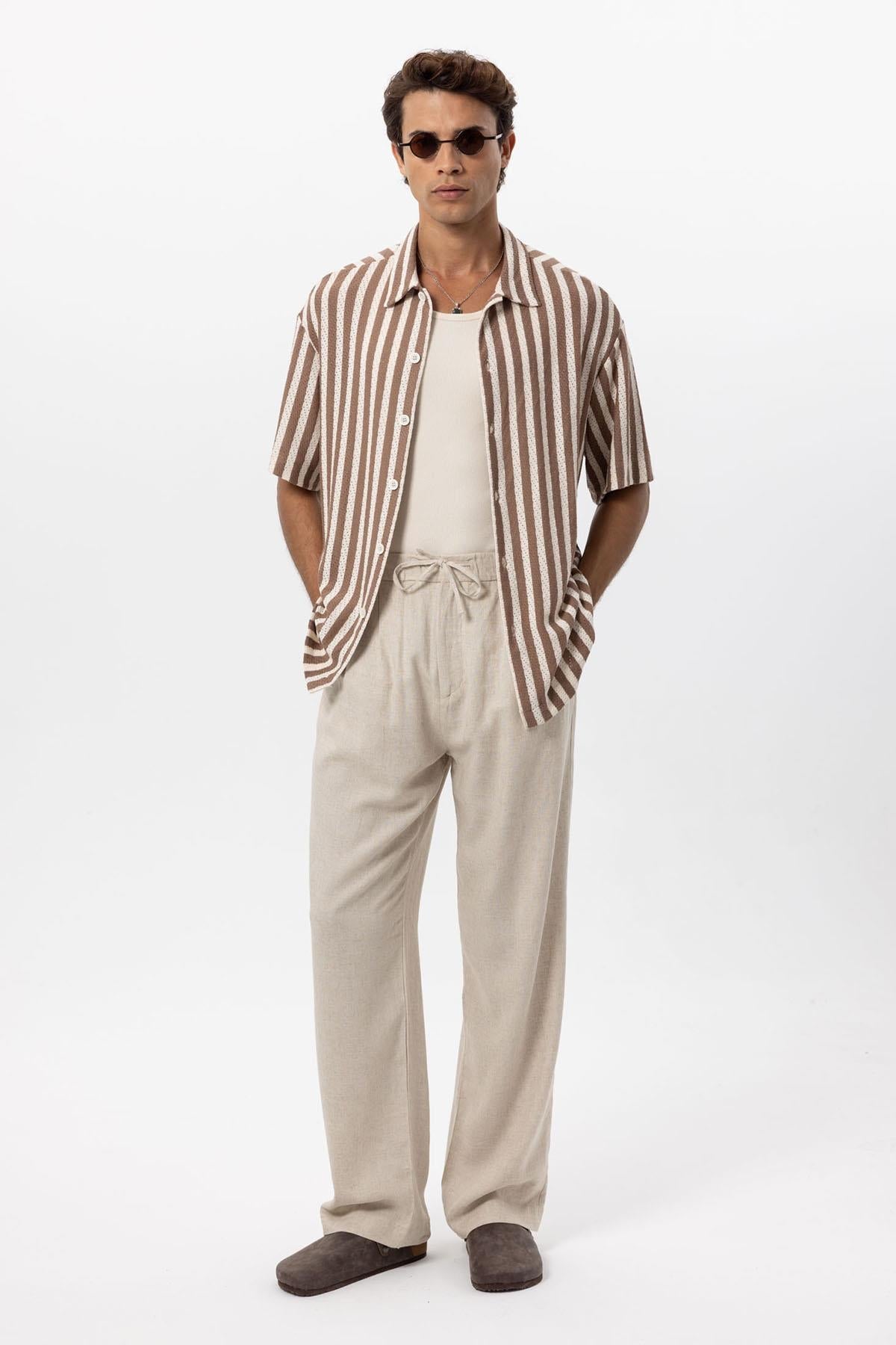 Men's Stone Belted Linen Blend Pants