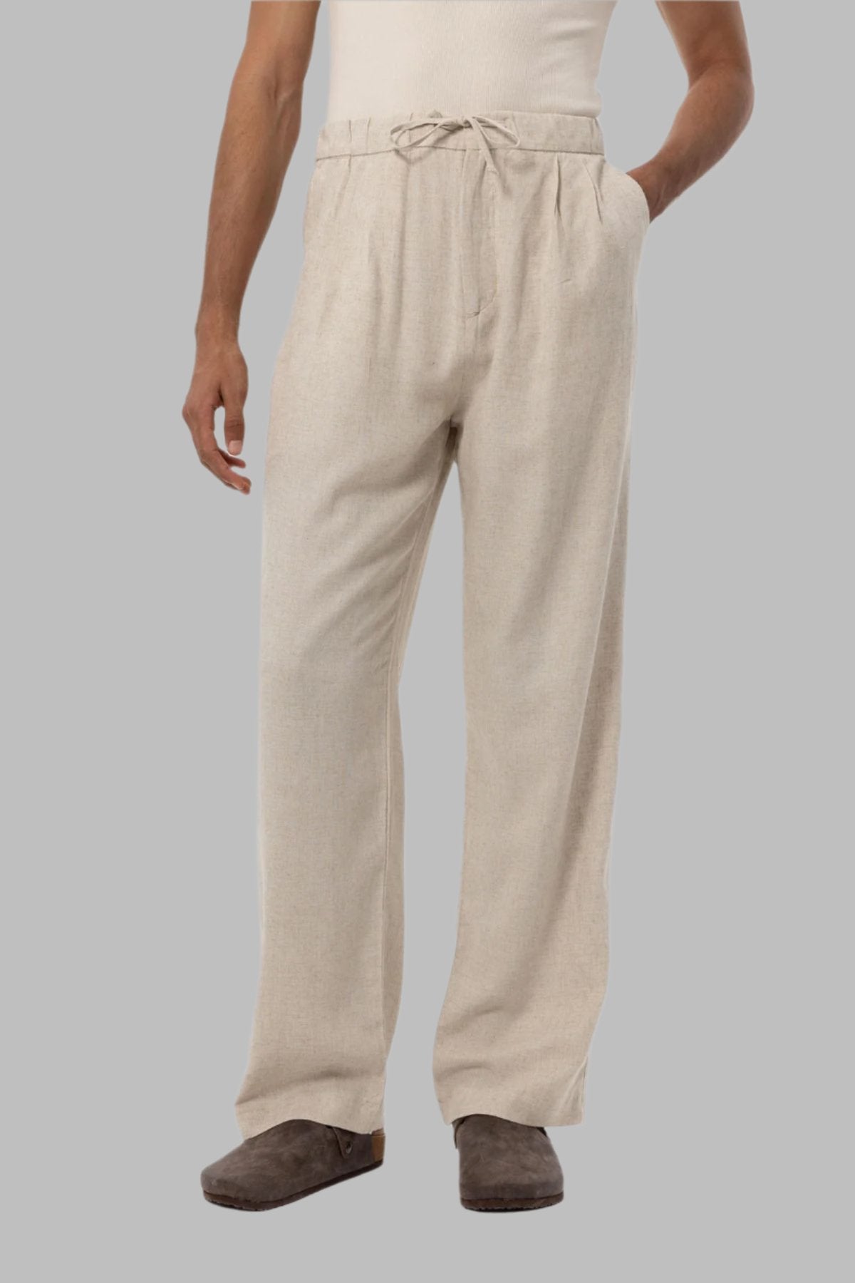 Men's Stone Belted Linen Blend Pants