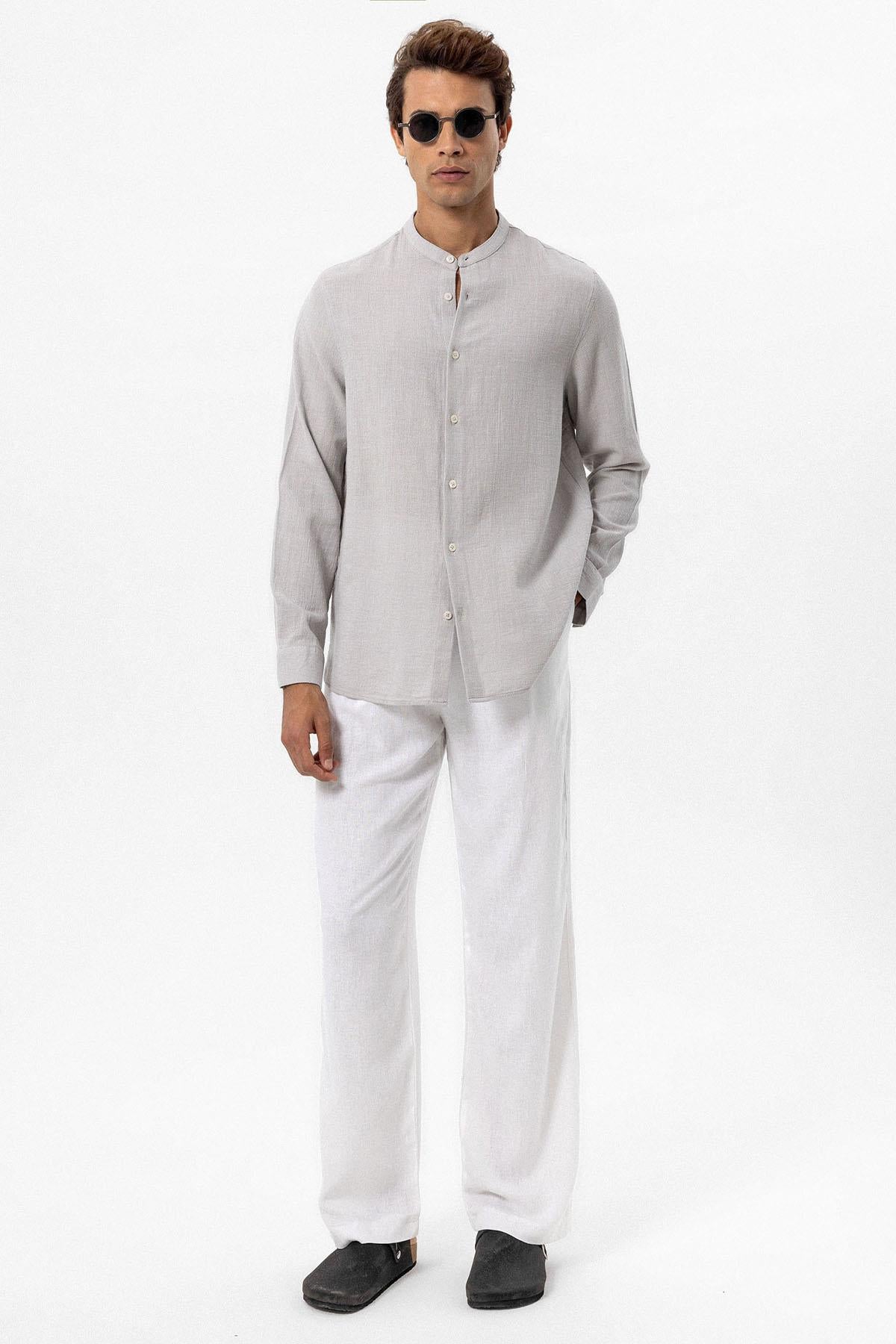 Men's Stone Mandarin Collar Woven Shirt