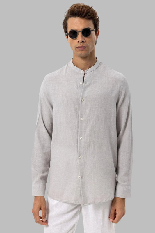 Men's Stone Mandarin Collar Woven Shirt