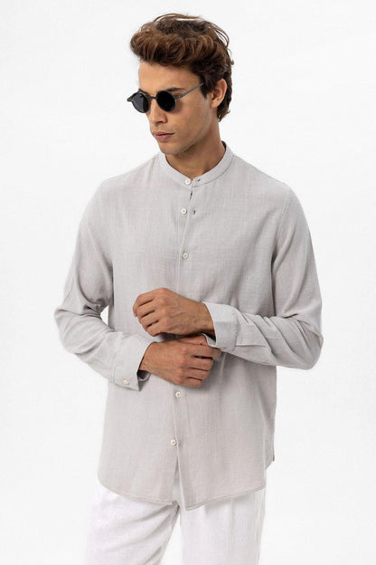 Men's Stone Mandarin Collar Woven Shirt