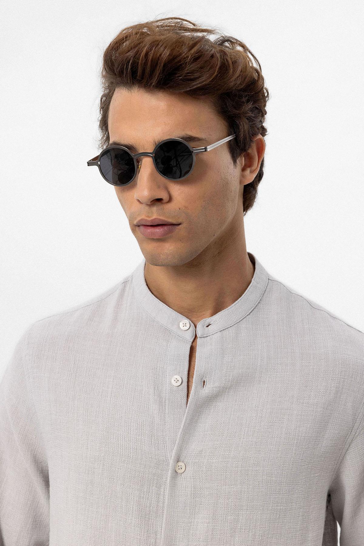 Men's Stone Mandarin Collar Woven Shirt