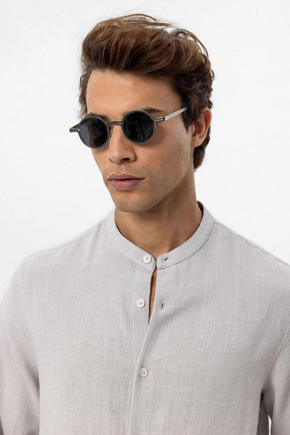 Men's Stone Mandarin Collar Woven Shirt