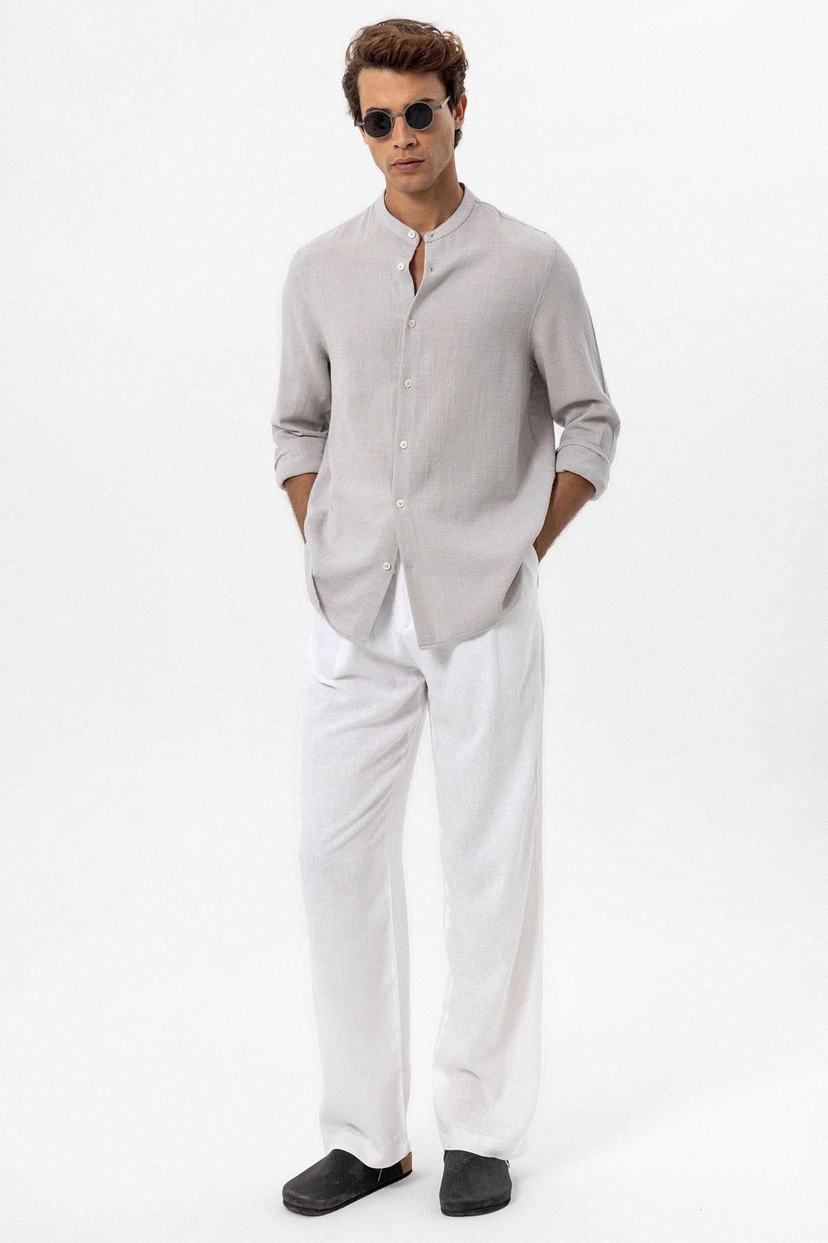 Men's Stone Mandarin Collar Woven Shirt