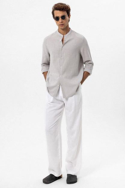 Men's Stone Mandarin Collar Woven Shirt