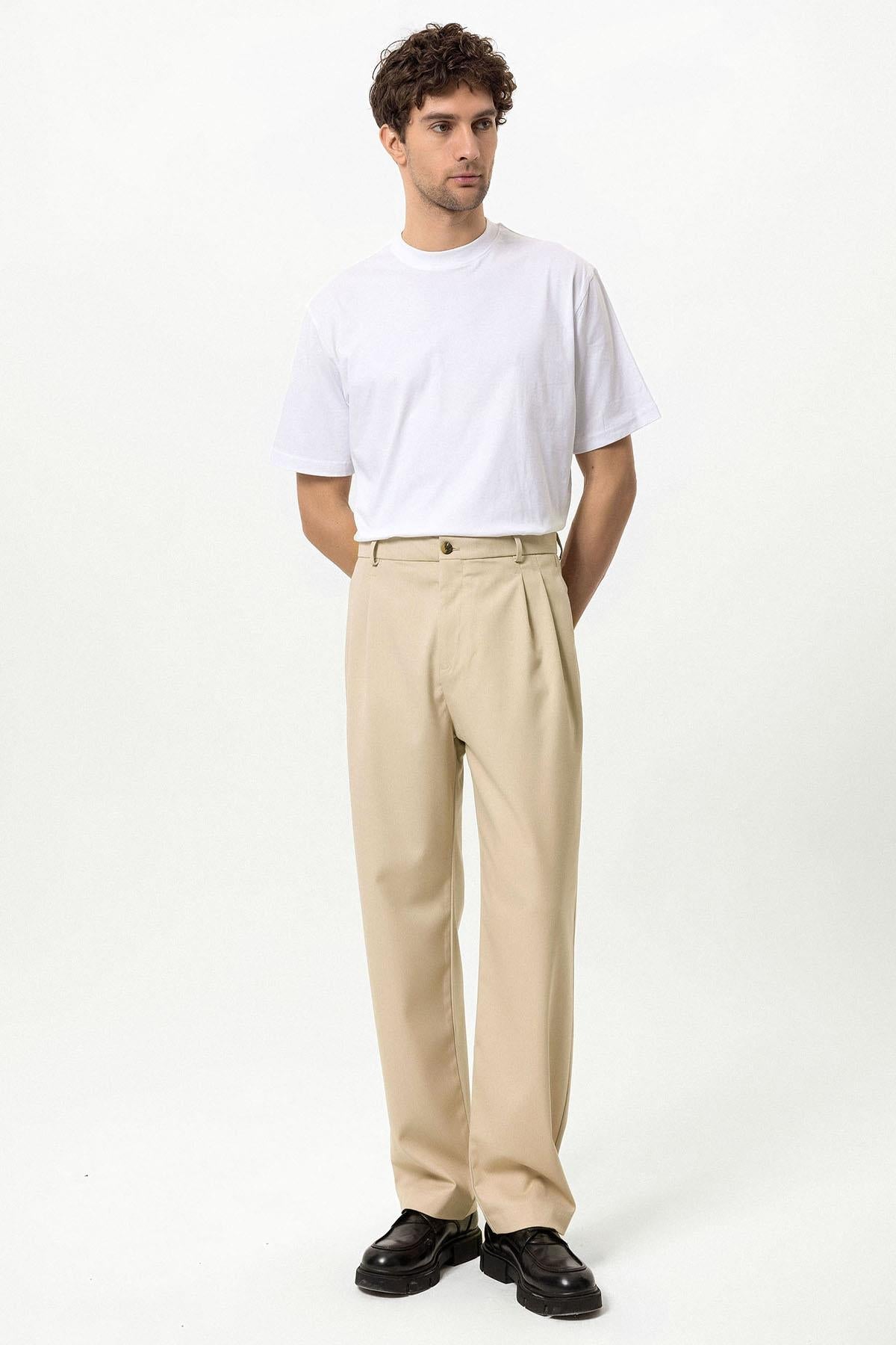 Men's Stone High-Waist Pleated Relaxed Fit Pants