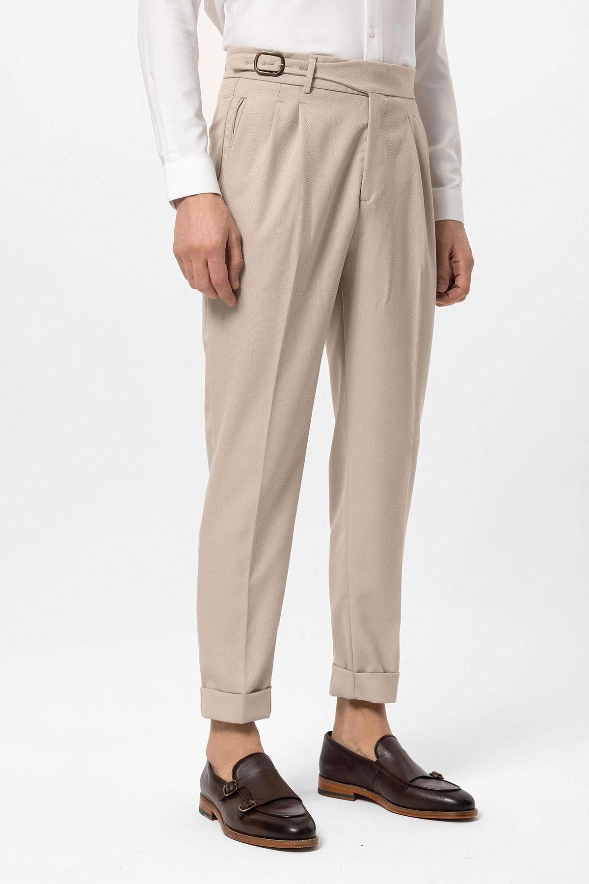 Cream High-Waisted Pleated Men's Trousers with Buckle Detail