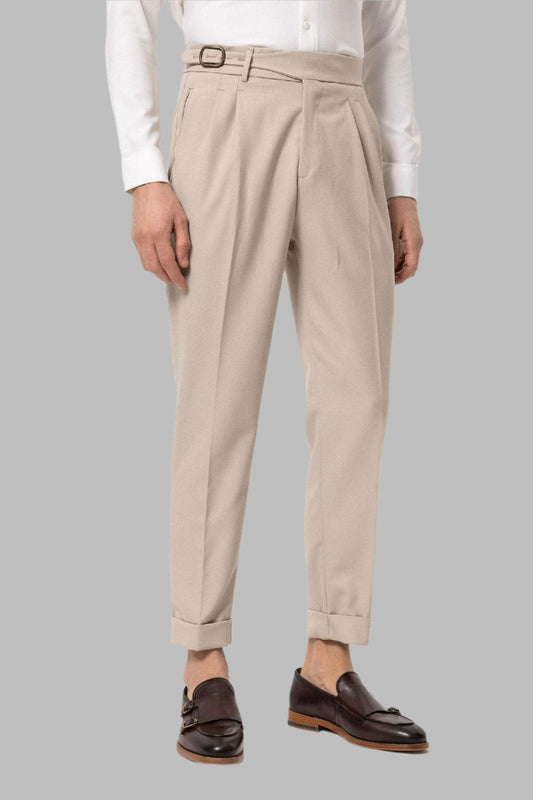 Stone High-Waisted Pleated Men's Trousers with Buckle Detail