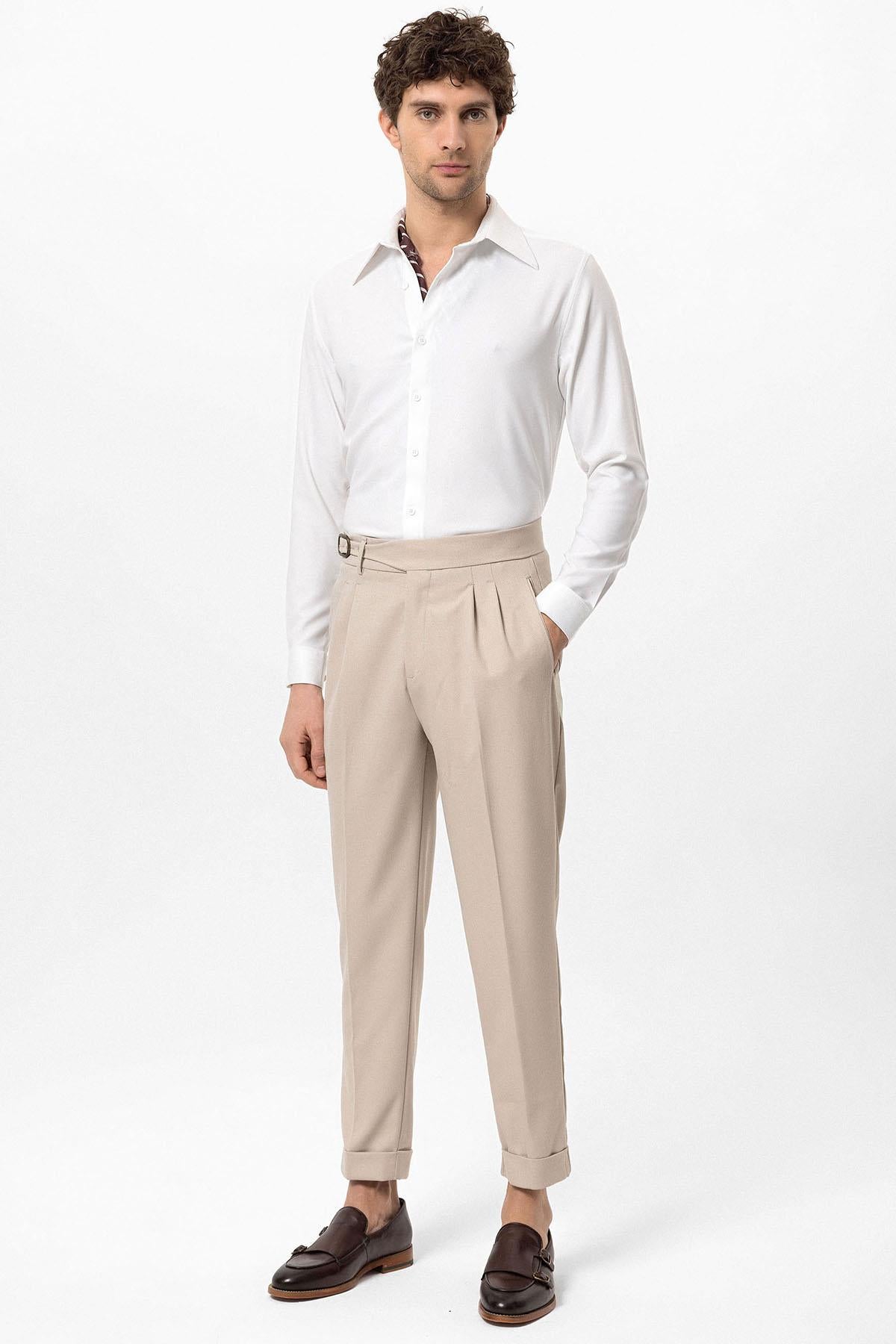 Cream High-Waisted Pleated Men's Trousers with Buckle Detail
