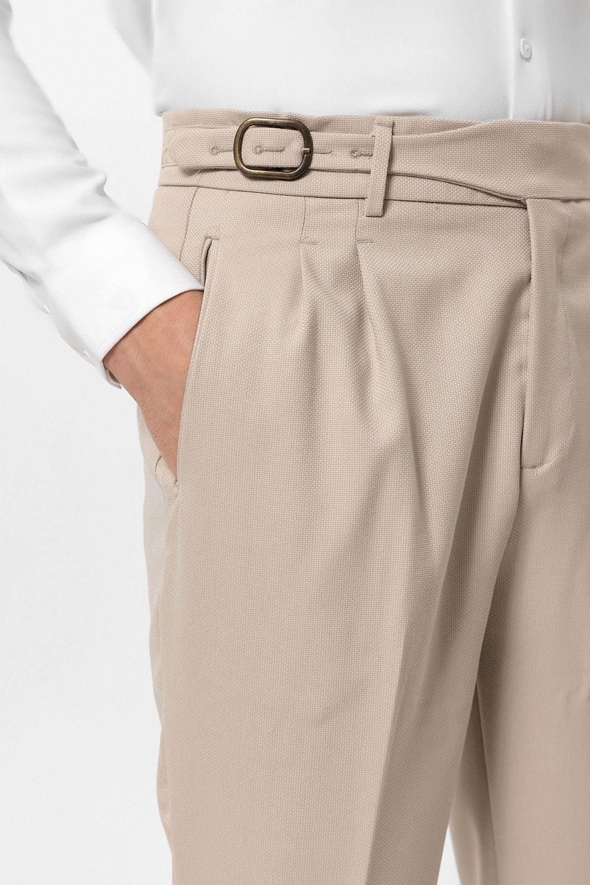Cream High-Waisted Pleated Men's Trousers with Buckle Detail