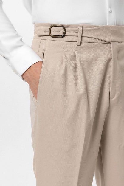 Cream High-Waisted Pleated Men's Trousers with Buckle Detail