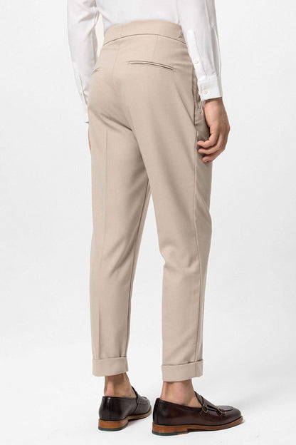 Cream High-Waisted Pleated Men's Trousers with Buckle Detail