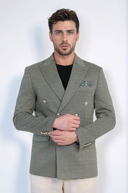Olive Green Pinstriped Slim Fit Double-Breasted Blazer with Gold Metal Buttons – Wessi