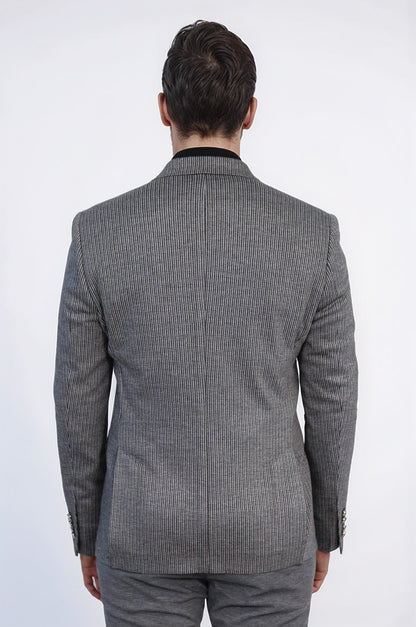 Anthracite Pinstriped Slim Fit Double-Breasted Blazer with Silver Metal Buttons – Wessi