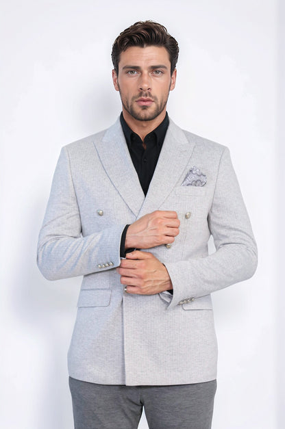 Gray Pinstriped Slim Fit Double-Breasted Blazer with Silver Metal Buttons – Wessi