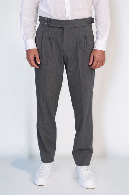 Anthracite Double-Pleated High-Waisted Slim Fit Trousers with Side Buckles – Wessi