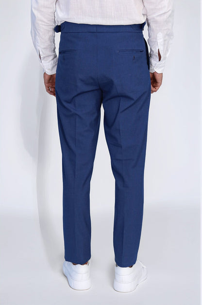 Sapphire Blue Double-Pleated High-Waisted Slim Fit Trousers with Side Buckles – Wessi