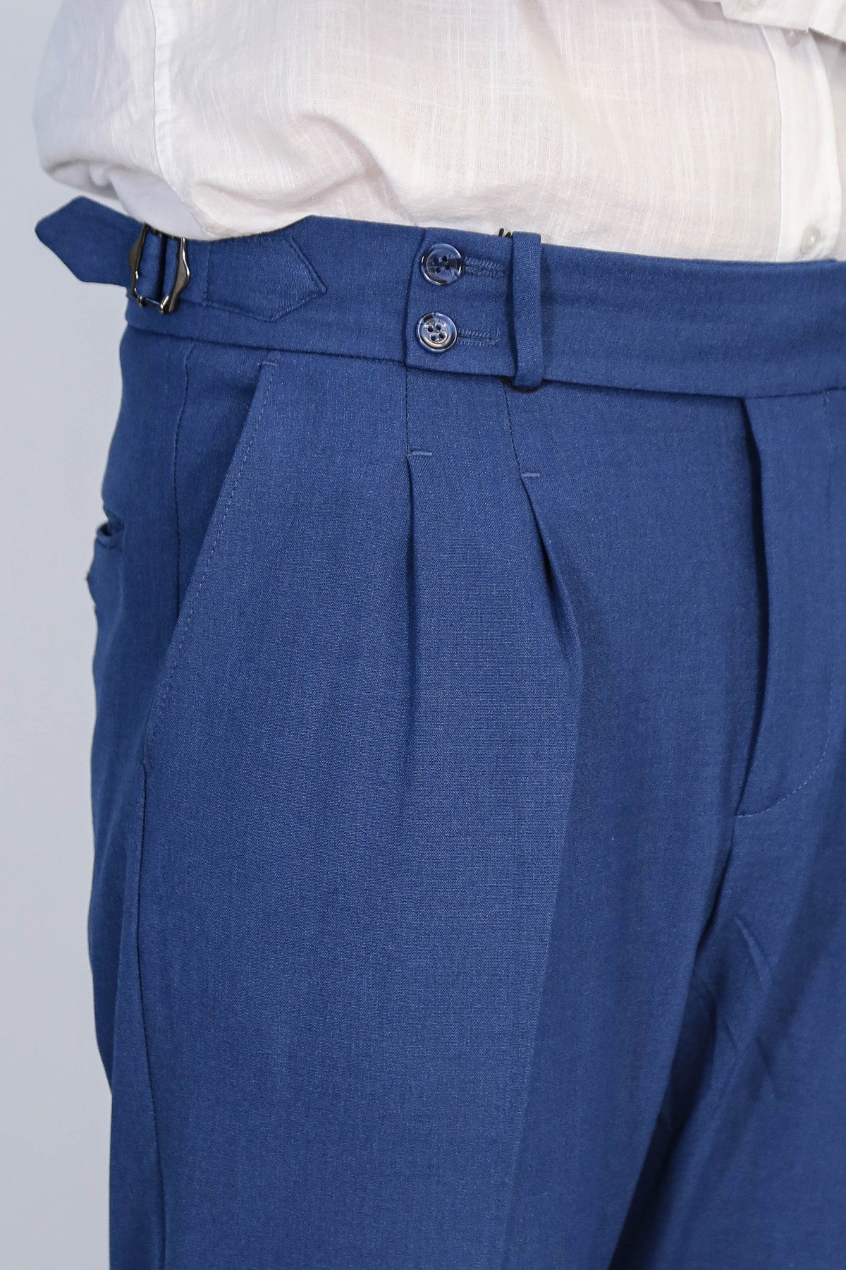 Sapphire Blue Double-Pleated High-Waisted Slim Fit Trousers with Side Buckles – Wessi