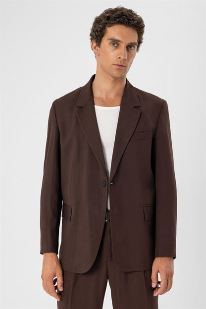 Men's Brown Single Button Closure Slim Fit Jacket