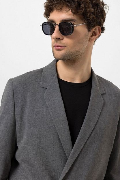 Men's Grey Single-Button Double-Breasted Blazer