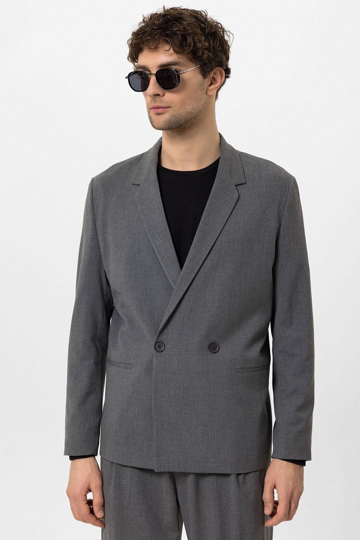 Men's Grey Single-Button Double-Breasted Blazer