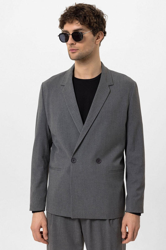 Men's Grey Single-Button Double-Breasted Blazer