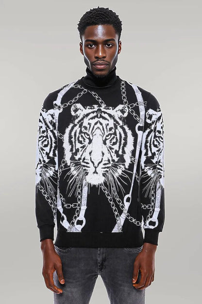 Tiger Patterned Slim Fit Black Sweatshirt - Wessi