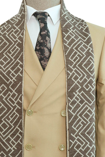KOALA SYDNEY  Beige Double-Breasted Suit, White Shirt, Tie, and Brown Scarf Combination - Classic and Modern Harmony -