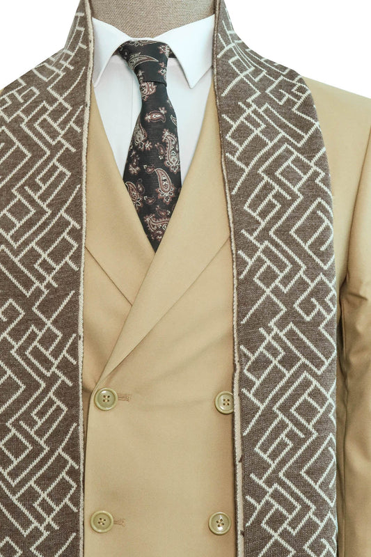 KOALA SYDNEY  Beige Double-Breasted Suit, White Shirt, Tie, and Brown Scarf Combination - Classic and Modern Harmony -