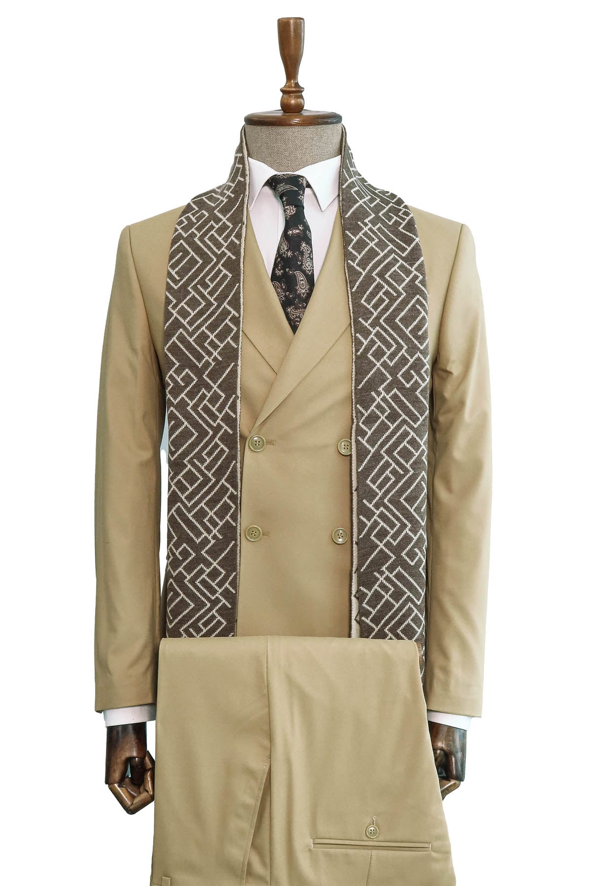 KOALA SYDNEY  Beige Double-Breasted Suit, White Shirt, Tie, and Brown Scarf Combination - Classic and Modern Harmony -