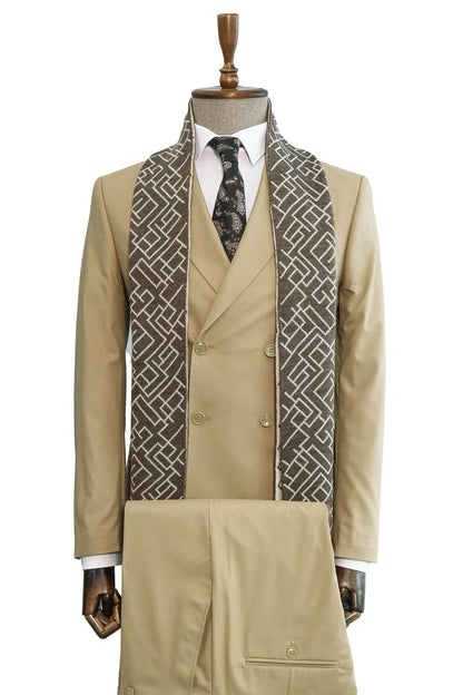 KOALA SYDNEY  Beige Double-Breasted Suit, White Shirt, Tie, and Brown Scarf Combination - Classic and Modern Harmony -