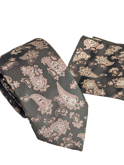 KOALA SYDNEY  Black and Brown Paisley Patterned Tie and Pocket Square Set