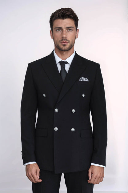 Slim Fit Double-Breasted Black Men’s Suit with Silver-Tone Metal Buttons – Wessi