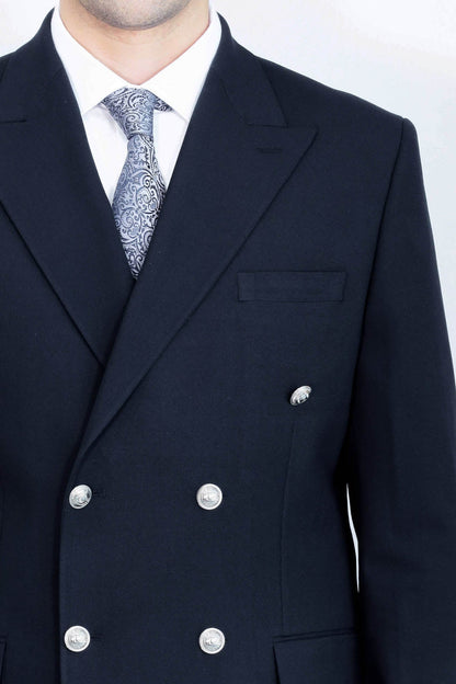 Slim Fit Double-Breasted Navy Men’s Suit with Silver-Tone Metal Buttons – Wessi