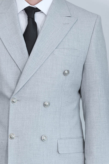 Slim Fit Double-Breasted Grey Men’s Suit with Silver-Tone Metal Buttons – Wessi