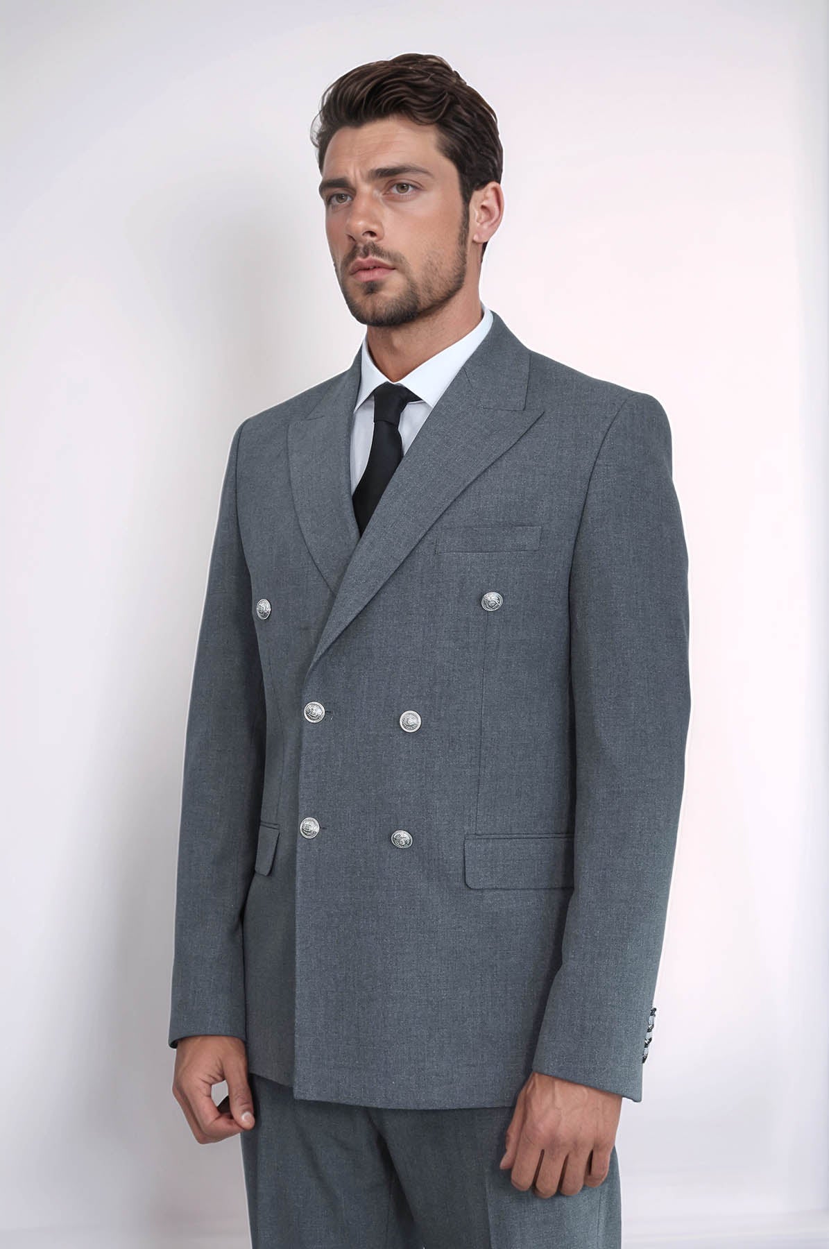 Slim Fit Double-Breasted Anthracite Men’s Suit with Silver-Tone Metal Buttons – Wessi