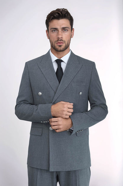Slim Fit Double-Breasted Anthracite Men’s Suit with Silver-Tone Metal Buttons – Wessi