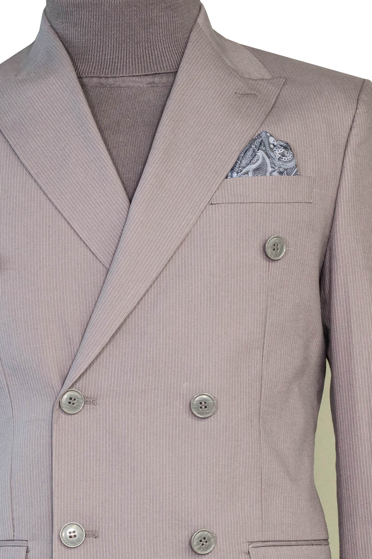 KOALA SYDNEY  Taupe Striped Double-Breasted Suit and Turtleneck Sweater Combination - Classic and Modern Balance