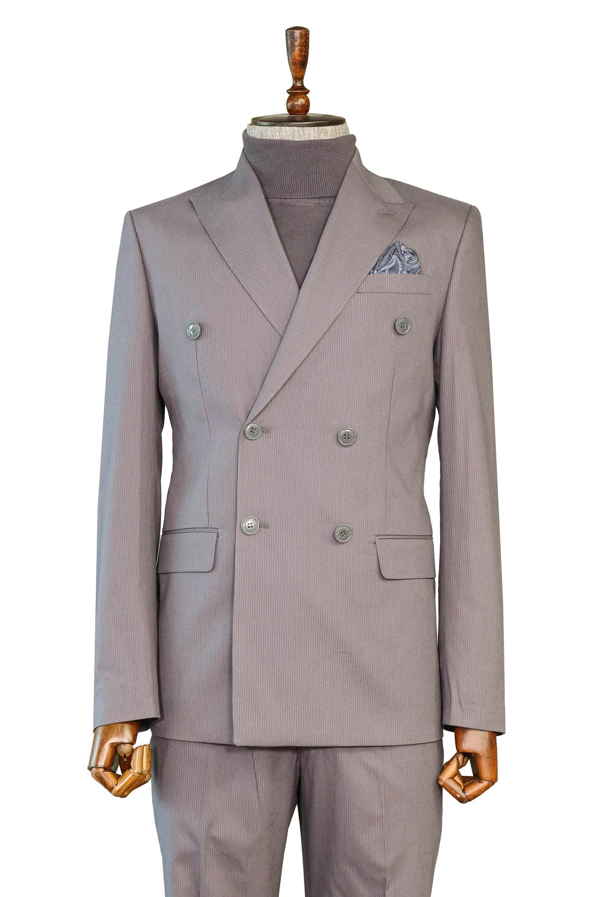 KOALA SYDNEY  Taupe Striped Double-Breasted Suit and Turtleneck Sweater Combination - Classic and Modern Balance