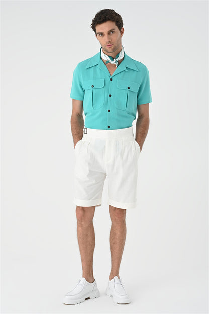 Men's White Buckle Detailed Pleated Shorts